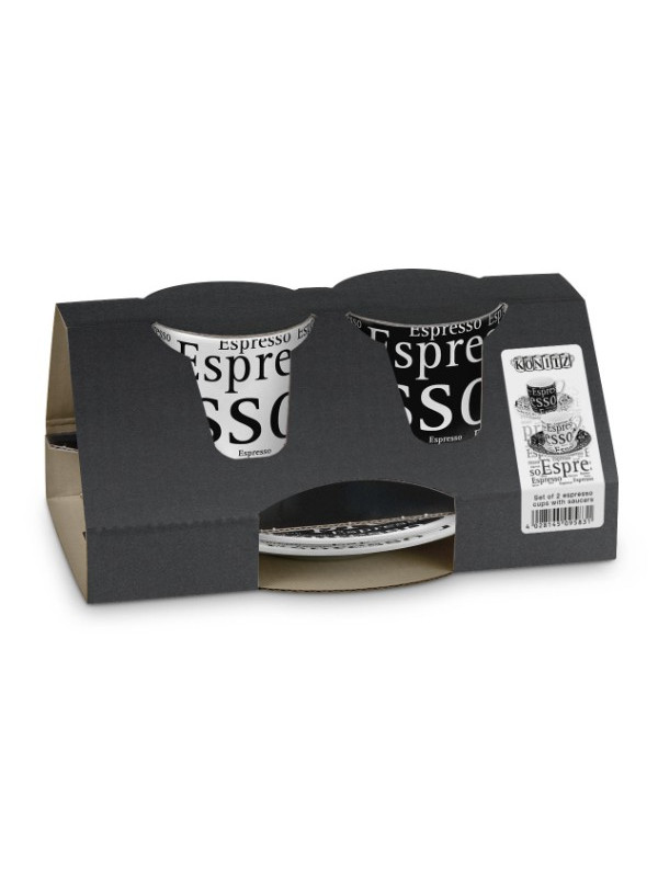 KÖNITZ Espressotassen-Set 2 x Tasse + Untertasse – Schrift auf Schwarz / Weiß