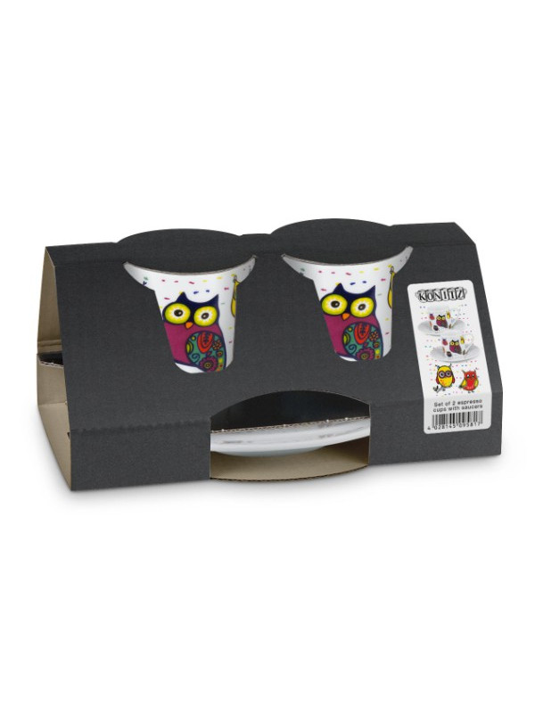 KÖNITZ Espressotassen-Set 2 x Tasse + Untertasse – Colourful Animals - Owl