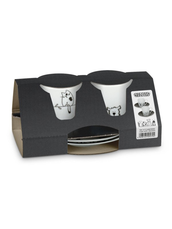 KÖNITZ Espressotassen-Set 2 x Tasse + Untertasse – Funny Cats & Dogs