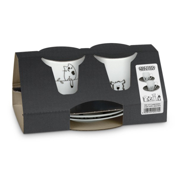 KÖNITZ Espressotassen-Set 2 x Tasse + Untertasse – Funny Cats & Dogs